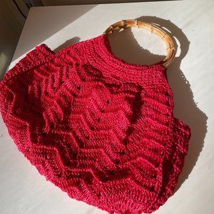 Red Macrame with Wooden Clutch Handles Handbags